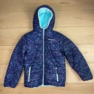 Eddie Bauer Girls 10/12 Blue Teal Hooded Fleece Reversible Winter Jacket Coat
